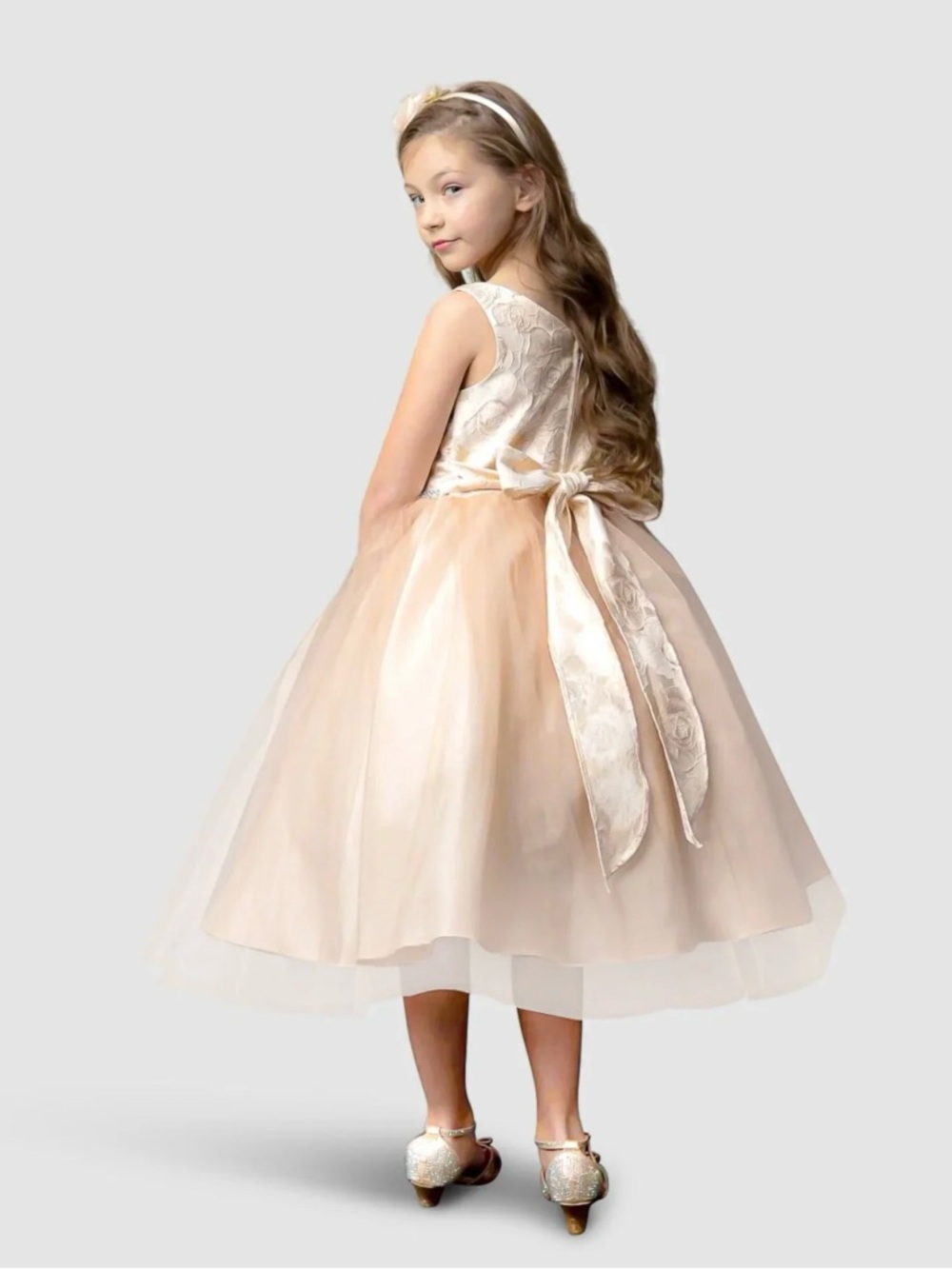 Petite  Adele Girls' Dress in Champagne Tulle